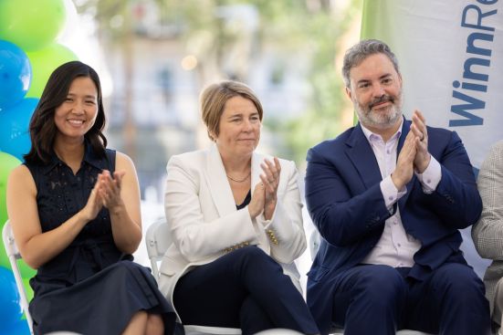 Gil Winn, Michelle Wu, and Maura Healy at Mary Ellen McCormack groundbreaking (2025)